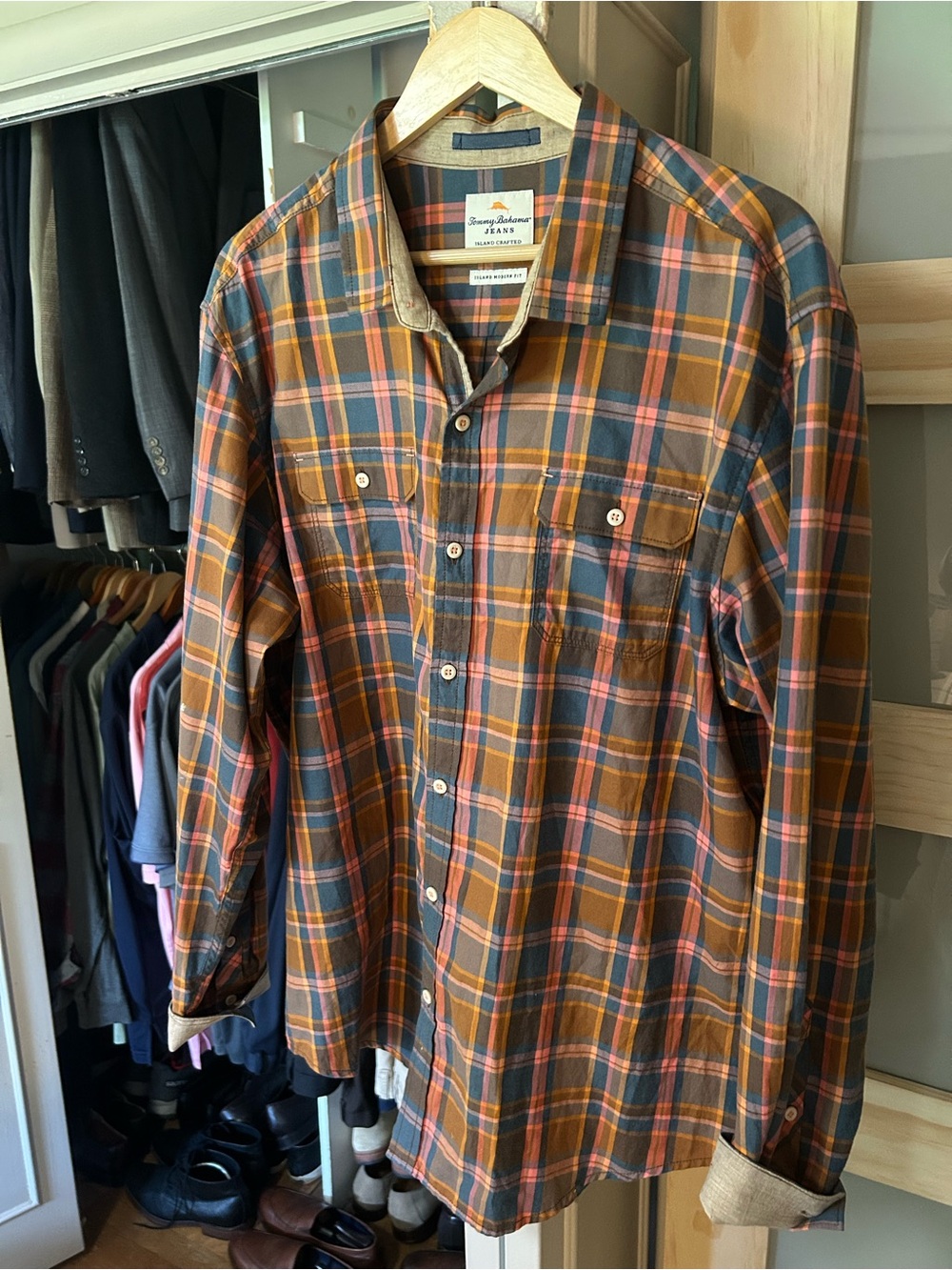 Tommy Bahama Plaid Button-Down Shirt in Orange, Blue & Brown 24”W X 31”L X 25.5”
